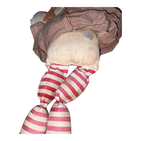 Antique Handmade Rag Doll With Brown Dress & Striped Legs - Picture 2 of 6